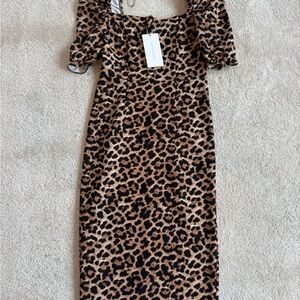 Zara Leopard Print Midi Dress with Puff Sleeves